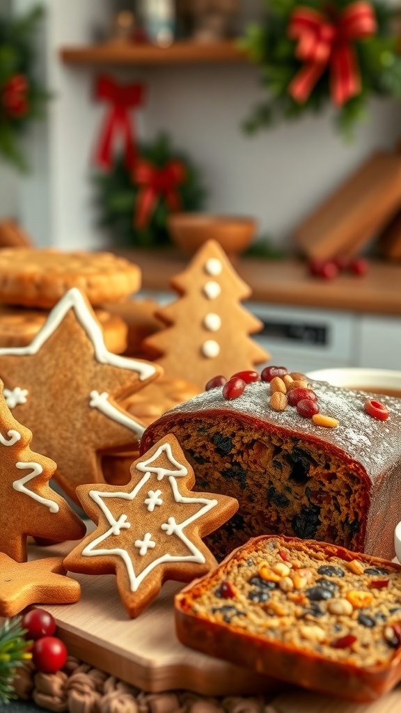 A variety of traditional Christmas baked goods including gingerbread cookies and fruitcake on a festive table.